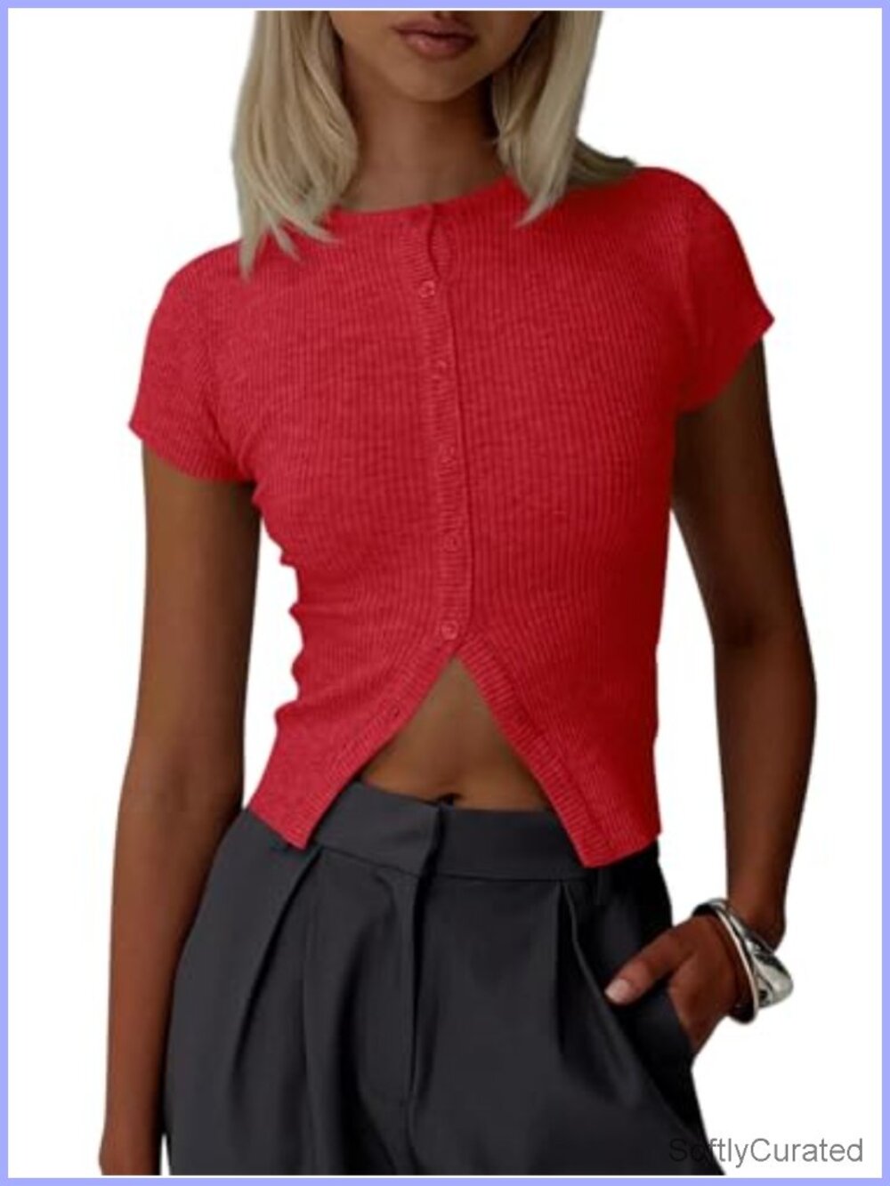Womens Short Sleeve Ribbed Knit Button Down Cropped Cardigan Y2K Slim Fit